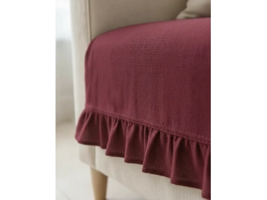 Fırfırlı Keten Koltuk Örtüsü [Kırlentli]-Bordo