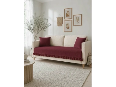 Fırfırlı Keten Koltuk Örtüsü [Kırlentli]-Bordo