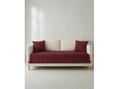 Fırfırlı Keten Koltuk Örtüsü [Kırlentli]-Bordo