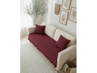 Fırfırlı Keten Koltuk Örtüsü [Kırlentli]-Bordo