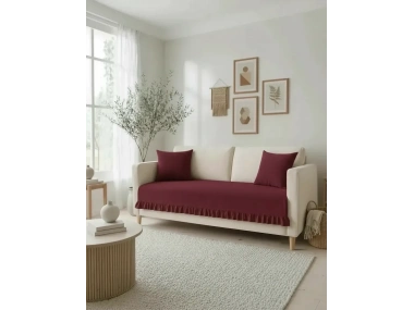 Fırfırlı Keten Koltuk Örtüsü [Kırlentli]-Bordo