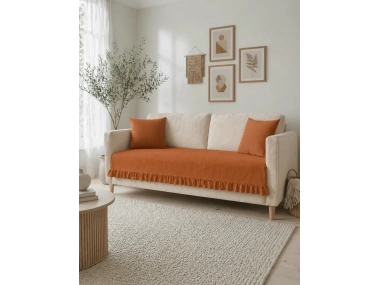Fırfırlı Keten Koltuk Örtüsü [Kırlentli]-Tarçın