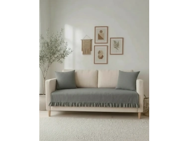 Fırfırlı Keten Koltuk Örtüsü [Kırlentli]-Füme