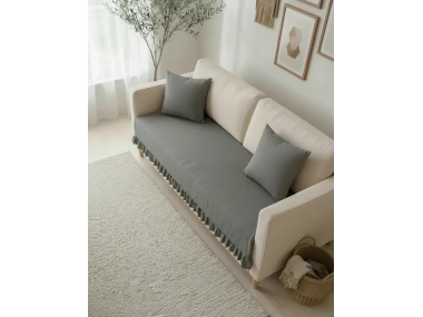 Fırfırlı Keten Koltuk Örtüsü [Kırlentli]-Füme