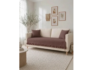 Fırfırlı Keten Koltuk Örtüsü [Kırlentli]-Kahverengi