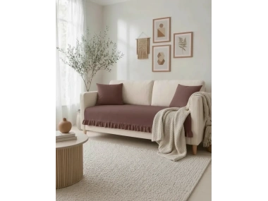 Fırfırlı Keten Koltuk Örtüsü [Kırlentli]-Kahverengi