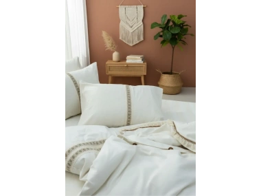 BATTAL Boy Krem Kahve Dantelli Nevresim Seti