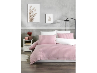 Çift Kişilik %100 Pamuk Ranforce Düğmeli Nevresim Takımı – Lastiksiz Çarşaflı 200x220 cm Pembe