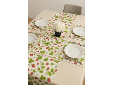 Çilek Desenli Masa Runner 40x150 cm ve Amerikan Servis Seti (6 Kişilik)