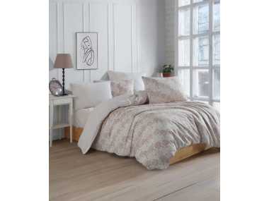 Lodos Home Conzaliza %100 Pamuklu Vazo Desenli Çift Kişilik Nevresim Takımı-Beyaz/Bej