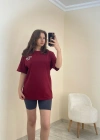 Baskılı Oversize Tişört Bordo
