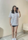 Bordo Çizgili Oversize Tişört