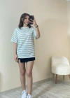 Çağla Rengi Çizgili Oversize Tişört