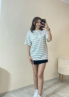Çağla Rengi Çizgili Oversize Tişört