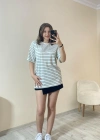 Çağla Rengi Çizgili Oversize Tişört