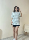Çağla Rengi Çizgili Oversize Tişört