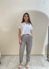 Flamalı Keten Duble Paça Pantolon Gri Renk