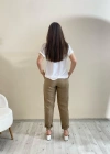 Flamalı Keten Duble Paça Pantolon Kahve