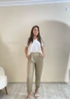 Flamalı Keten Duble Paça Pantolon Taş Rengi