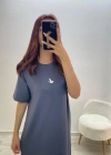 Kuş Baskılı Elbise Füme