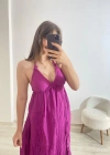 Askılı Yırtmaç Detaylı Yazlık Uzun Elbise Lila Koyu