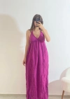 Askılı Yırtmaç Detaylı Yazlık Uzun Elbise Lila Koyu