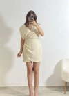 Yaka Kısa Keten Elbise – Krem Kruvaze