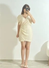 Yaka Kısa Keten Elbise – Krem Kruvaze