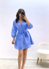 Mavi Kemerli Brode Mini Elbise