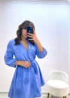 Mavi Kemerli Brode Mini Elbise