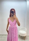 Askılı Belmando Desenli İp Askılı Elbise Pembe