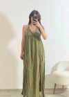 Askılı Yırtmaç Detaylı Yazlık Uzun Elbise Yeşil