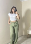 Yüksek Bel Beli Lastikli Bol Paça Pantolon – Haki