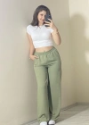 Yüksek Bel Beli Lastikli Bol Paça Pantolon – Haki