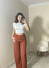 Yüksek Bel Beli Lastikli Bol Paça Pantolon – Kahve