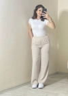 Yüksek Bel Beli Lastikli Bol Paça Pantolon – Taş Rengi