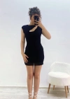 Ön Dekolteli Astarlı Tül Mini Elbise Siyah