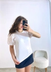 Örme Dantel Kol Tişört Beyaz