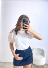 Örme Dantel Kol Tişört Beyaz