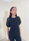 Örme Dantel Kol Tişört Siyah