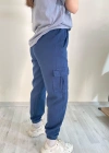 Palaskalı Yüksek Bel Kargo Cep Pantolon Lacivert