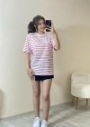 Pembe Çizgili Oversize Tişört