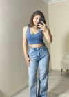Taş Detaylı Kaşkorse Kumaş Crop Top Mavi