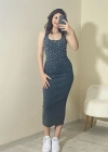 Taş Detaylı Kaşkorse Midi Elbise Siyah