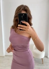Omuz Detaylı Midi Elbise Tek Lila