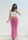 Yüksek Bel Pembe Saten Uzun Etek