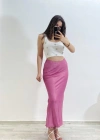 Yüksek Bel Pembe Saten Uzun Etek
