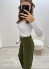 Yüksek Bel Beli Lastikli Plazo Yeşil Pantolon