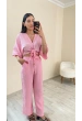 Pembe Müslin İkili Takım – Bağlamalı Crop Üst & Yüksek Bel Pantolon