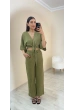 Haki Müslin İkili Takım – Bağlamalı Crop Üst & Yüksek Bel Pantolon Haki